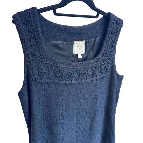 St. John Couture Santana Knit Sz 12 Black Square Neck Shift Knee Dress Formal - Picture 2 of 7